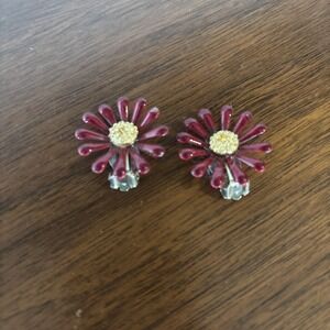 Vintage Red And Gold Daisy Clip On Earrings Enamel